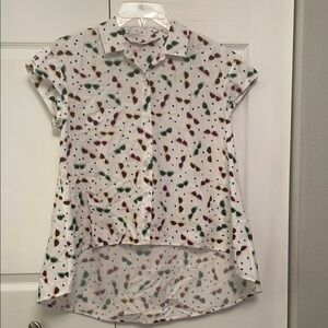 ZARA Button Down Shirt Blouse SUNGLASSES Print with High Low Curved Details
